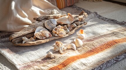 A collection of seashells and driftwood displayed on a sunny beach towel