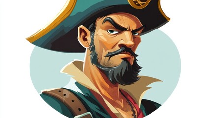 Pirate Character Illustration with Bold Expression and Iconic Hat, Perfect for Adventure-Themed Designs and Creative Projects