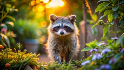 Obraz premium Dusk Raccoon Backyard Exploration: Macro Photography of a Solitary Nocturnal Creature