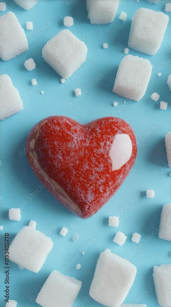 Poster sugar cubes surrounding a red frosted heart against a vibrant blue background highlight the impact o