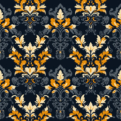 Damask seamless pattern motifs Elegant floral damask pattern featuring warm colors against a dark background.