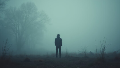 A solitary figure walking down a misty path, embodying themes of loneliness and introspection in a serene, foggy landscape.