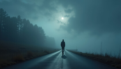 A solitary figure walks down a foggy road, creating a deep sense of mystery and introspection...