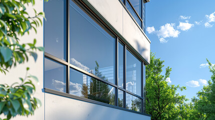 An energy-efficient exterior showing caulking applied around the edges of a large window, preventing air leakage.