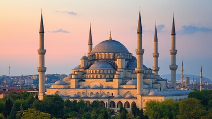 Obraz premium Majestic Sultan Ahmed Mosque at Sunset in Istanbul