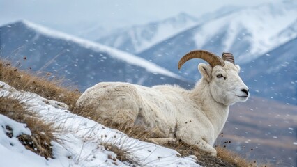 Dall Sheep in Winter Snowscape Landscape, Wildlife Photography, Mountain Ram, Ovis dalli Dall Sheep, Mountain Wildlife