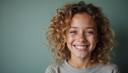 A happy woman with curly hair, embodying beauty and joy while celebrating her individuality on Singles Awareness Day.