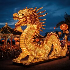 Fototapeta premium Illuminated Golden Dragon Sculpture Under Dramatic Night Sky