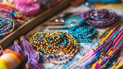 A colorful beadwork station with strings, beads, and a partially completed necklace