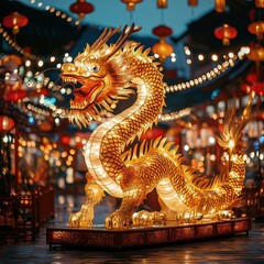 Obraz premium Golden Dragon Lantern Display at Festival with Colorful Lights