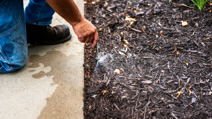 Person adjusting sprinkler head spray pattern with tool over mulch garden.