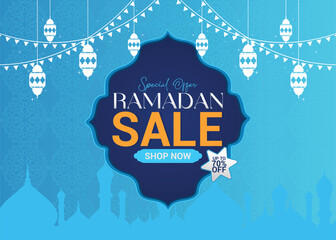 Ramadan Kareem Super Sale banner for web, posters, and social media. Highlight big Ramadan sale promotions with an elegant Islamic themed template for special offers.