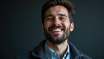 A relaxed man in a shadowy backdrop, conveying a serene expression of happiness and inner calm on Singles Awareness Day.