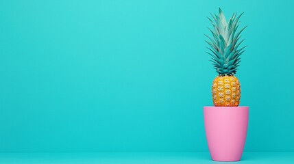 Single ripe pineapple in pink pot against teal background.