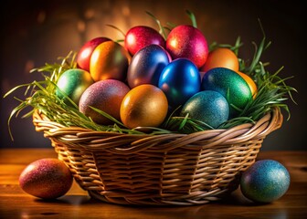Easter Basket & Eggs Night Photography: Festive Spring Holiday Still Life on White Background