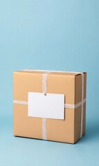 Obraz premium Plain kraft gift box with blank tag on pastel blue background, ideal for packaging and presentation ideas