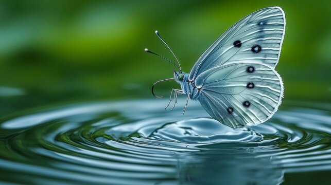 A glowing water butterfly gently unfolding its wings above a serene pond, as ripples spread outward, symbolizing the beginning of life and the harmonious flow of nature.