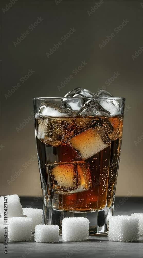 Poster iced carbonated beverage resting on a table with sugar cubes, highlighting high sugar content and ra