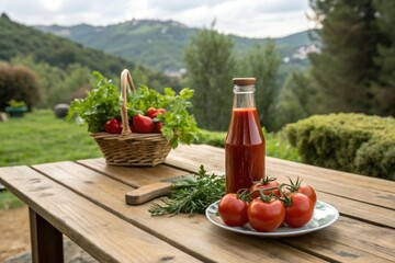 A wooden table is set with a bottle of ketchup and ripe tomatoes, surrounded by lush greenery and natural elements, country charm, botanicals, rural ambiance
