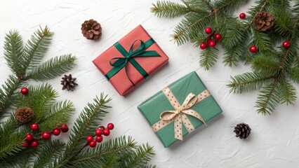 Flatlay Christmas Gift Composition Two Presents, Pine Branches, Cones, White Background, Festive, Holiday, Winter Christmas