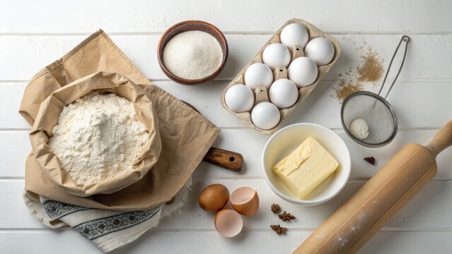 Flatlay Baking Ingredients Flour, Eggs, Butter, White Wooden Background, Overhead Shot Baking, Flatlay