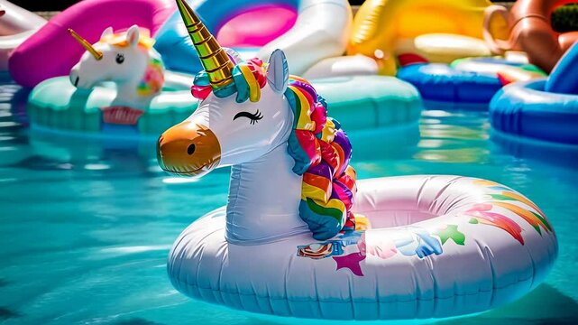 Young,Caucasian woman relaxes unicorn float pool.Child play colorful swim ring sunny day.Family enjoy water leisure vacation.Bright inflatable toy captures summer