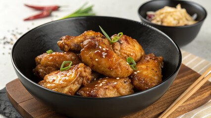 Fototapeta premium Glazed Chicken Wings in Black Bowl Close-up Food Photography, Asian Cuisine, Sesame Seeds, Delicious Recipe Chicken wings, Asian food