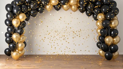 Naklejka premium Golden and Black Balloon Arch with Confetti,Party Decor,Celebration Balloon Arch, Party Decoration