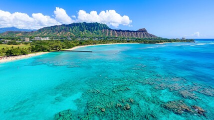 Obraz premium Stunning aerial view of Diamond Head, Waikiki beach, and turquoise ocean with coral reefs.