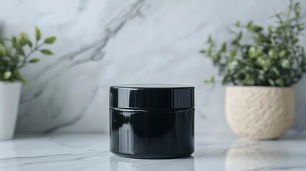 Black Jar On Marble Surface With Plants