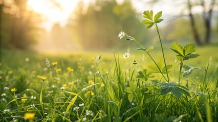 Fototapeta premium Golden Hour Meadow Close-up Composition of White and Yellow Wildflowers in Lush Green Grass, bokeh background. Spring,Nature Spring,Wildflowers