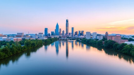 Fototapeta premium Stunning city skyline reflected in calm water at sunrise.