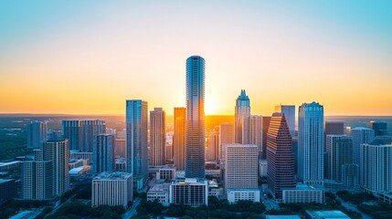 Obraz premium Stunning sunrise cityscape panorama with skyscrapers and city skyline.