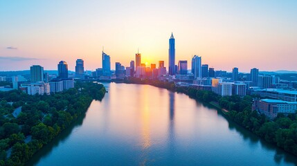 Fototapeta premium Stunning sunrise over cityscape reflected in calm river.