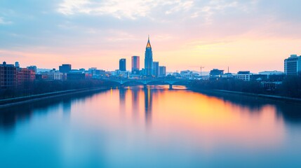 Fototapeta premium Stunning sunrise cityscape reflected in calm river water.