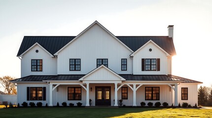 A brand new, white contemporary farmhouse with a dark shingled roof and black windows