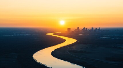 Fototapeta premium Sunrise over city skyline with meandering river.