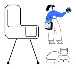 Woman holding handbag and shopping bags, stylish and minimalist chair, and relaxed cat. Ideal for retail, modern lifestyle, home decor, minimalism, fashion relaxation leisure. Abstract line flat