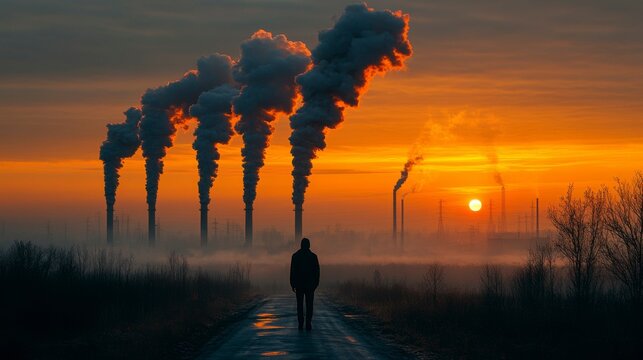 A digital representation of carbon emissions decreasing over time, with a transformation from industrial to sustainable practices, emphasizing the global shift toward achieving net zero carbon.
