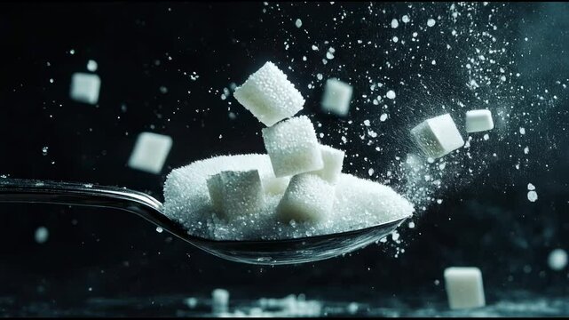 Sugar cubes bouncing on a spoon full of granulated sugar create a cloud of white particles against a dark background, illustrating sugar addiction and excessive consumption