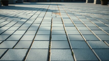 A Perspective View of a Light Gray Brick Pavement Showing Subtle Shadows and Small Weeding