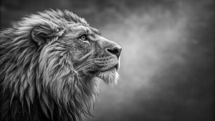 Fototapeta premium Majestic Lion Profile Monochrome Photography, Side View Composition, King of the Jungle Concept, Lion, Wildlife Lion Photography, Black and White