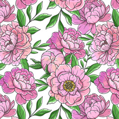 Peonies seamless background illustration. Peony seamless pattern. Floral background with pink peonies. Spring Botanical Background for wallpapers, wall arts. wedding, wrapping paper, greeting cards