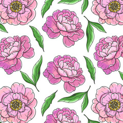 Peonies seamless background illustration. Peony seamless pattern. Floral background with pink peonies. Spring Botanical Background for wallpapers, wall arts. wedding, wrapping paper, greeting cards