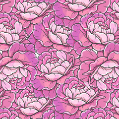 Obraz premium Peonies seamless background illustration. Peony seamless pattern. Floral background with pink peonies. Spring Botanical Background for wallpapers, wall arts. wedding, wrapping paper, greeting cards