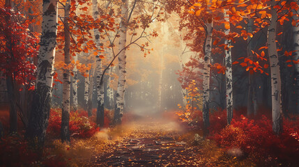 A beautiful autumn forest path with vibrant red and orange leaves