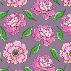 Peonies seamless background illustration. Peony seamless pattern. Floral background with pink peonies. Spring Botanical Background for wallpapers, wall arts. wedding, wrapping paper, greeting cards