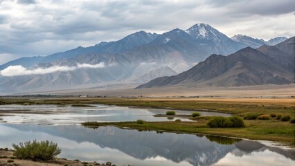 Fototapeta premium Mountain River Reflection Cloudy Sky, Wide Composition, Serene Landscape, Pamir Mountains landscape photography, mountain reflection