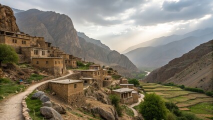 Fototapeta premium Mountain Village Landscape Sunlit Houses, Winding Path, Dramatic Valley, Afghanistan. ,Afghanistan,village