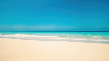Fototapeta premium Serene coastal scene tranquil ocean waves gently lapping a pristine white sand beach under a vibrant blue sky